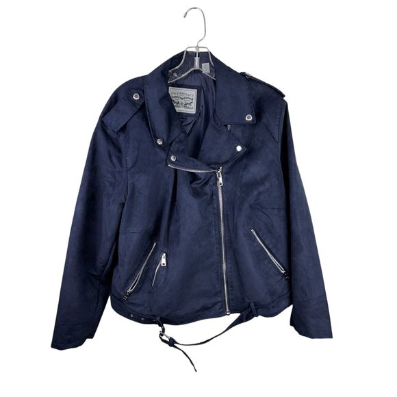 LEVI'S Women's Belted Dark Navy Faux Suede Moto Jacket Size 2X Cropped - Picture 1 of 6